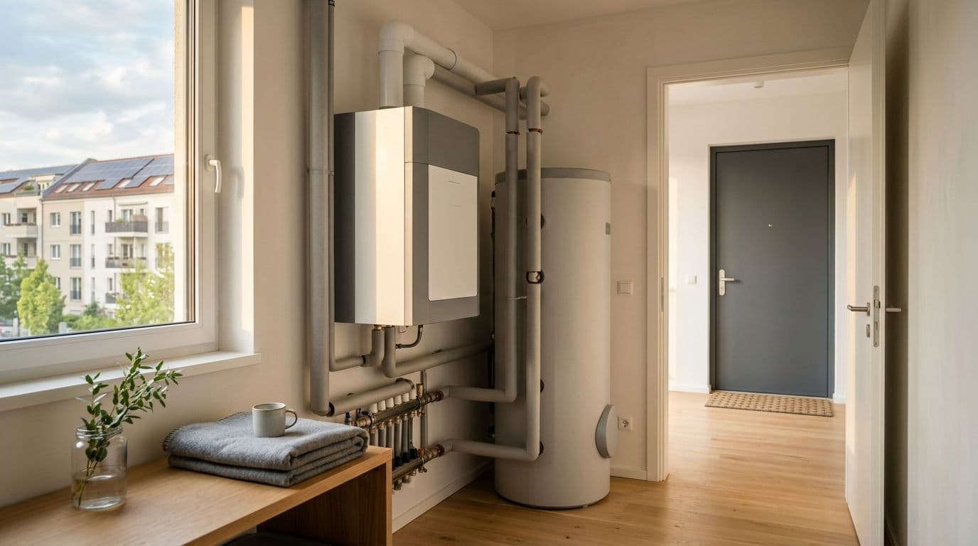 Wärmepumpe auf dem Dach eines Berliner Mehrfamilienhauses neben Fernwärmeleitung