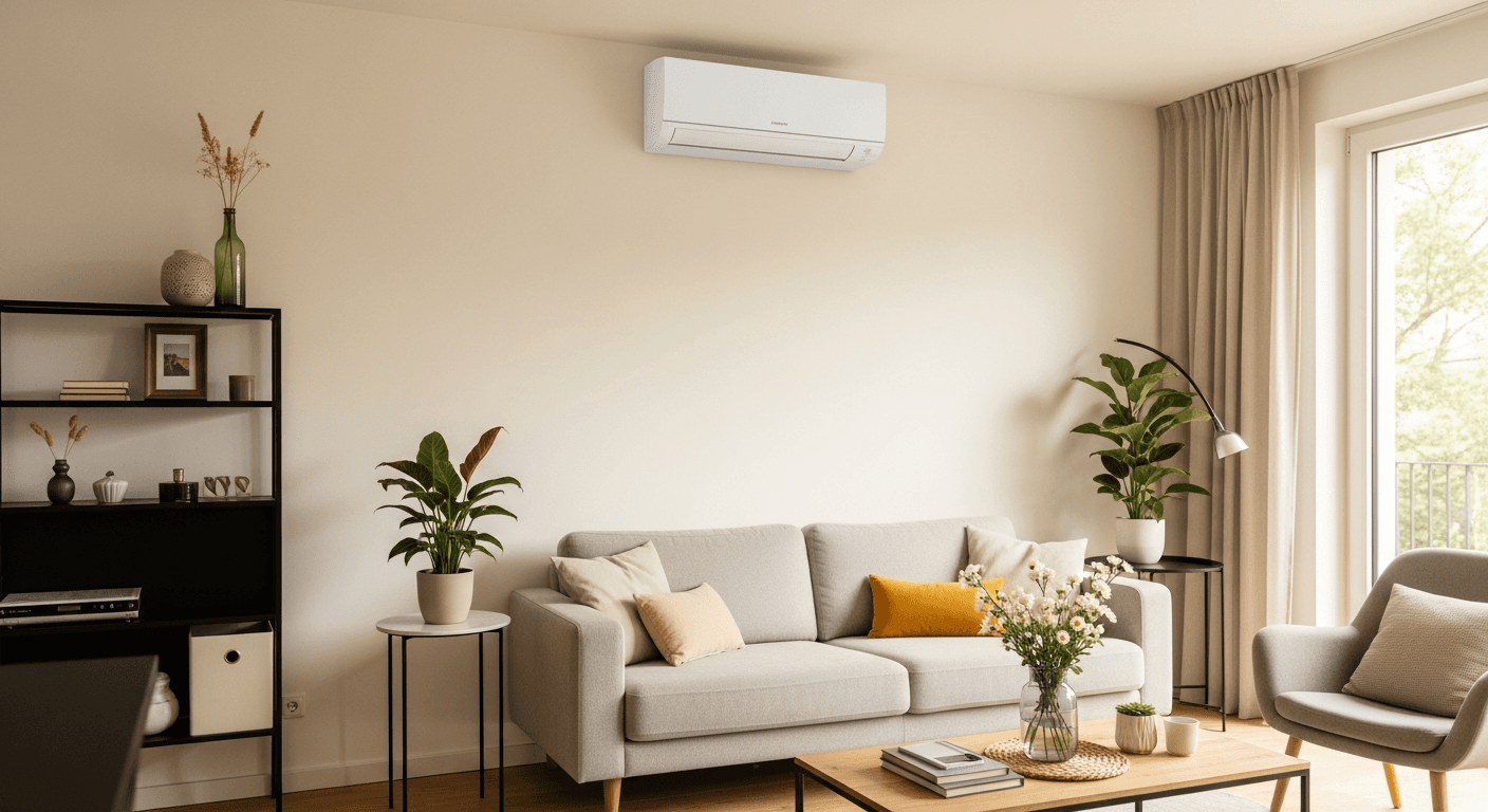 Monteur installiert Split-Klimaanlage an Wand einer Berliner Altbauwohnung