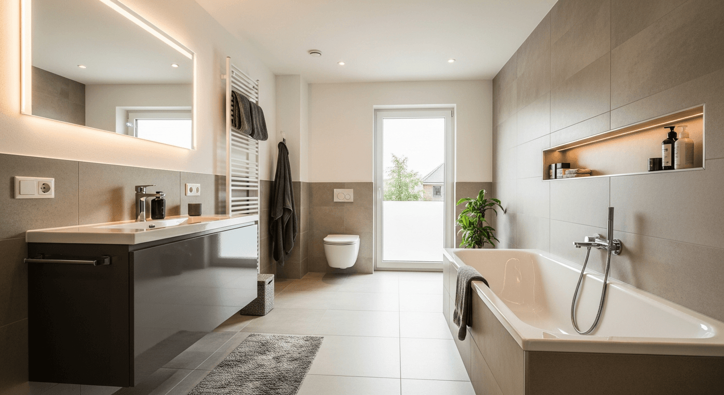 Hochwertiges saniertes Badezimmer mit freistehender Wanne und großformatigen Fliesen in Berlin