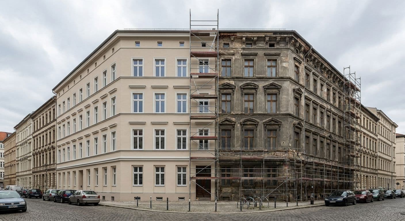 Berliner Mehrfamilienhaus mit halb sanierter Fassade: eine Hälfte frisch mit Wärmedämmverbundsystem gedämmt, die andere Hälfte noch mit altem Putz, Gerüst an der Übergangsstelle
