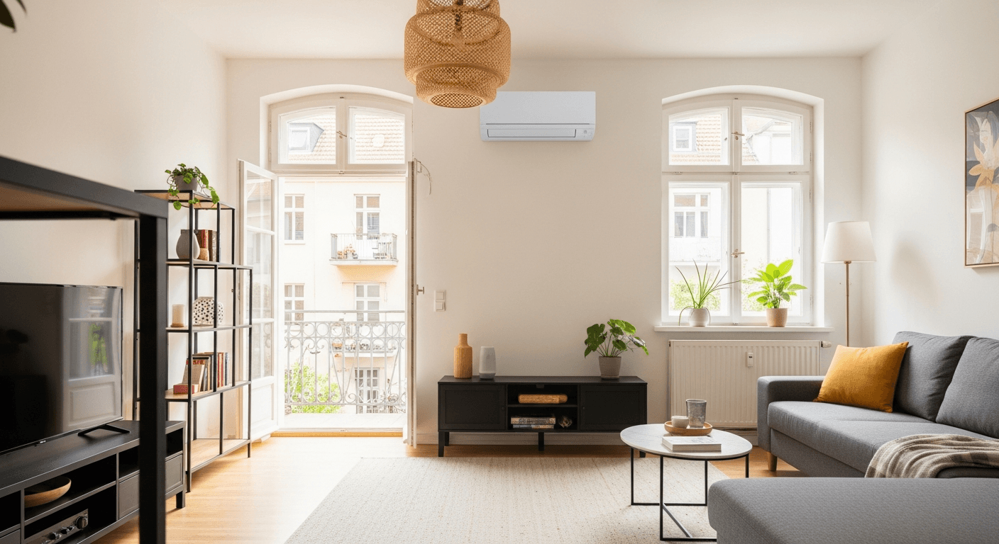 Split-Klimaanlage an der Wand einer Berliner Altbauwohnung mit hohen Decken
