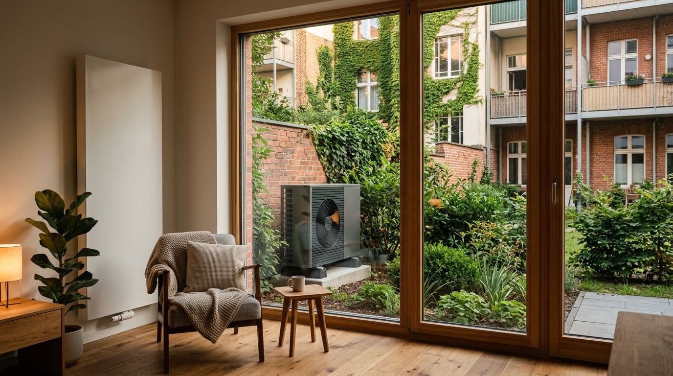 Wärmepumpe-Außengerät im Berliner Innenhof: Standort und Schall