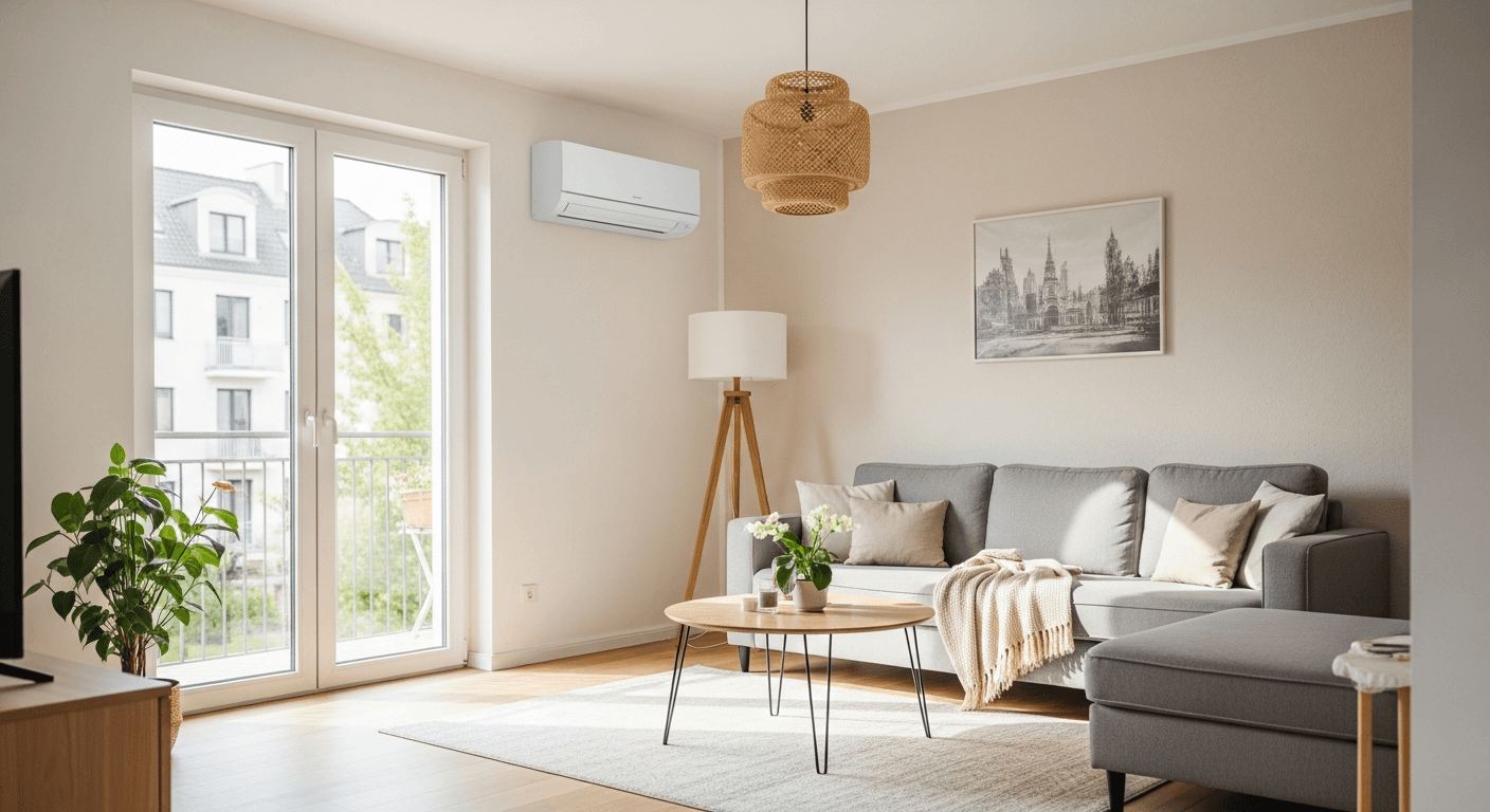 Split-Klimaanlage mit Außengerät an einem Berliner Altbau-Balkon