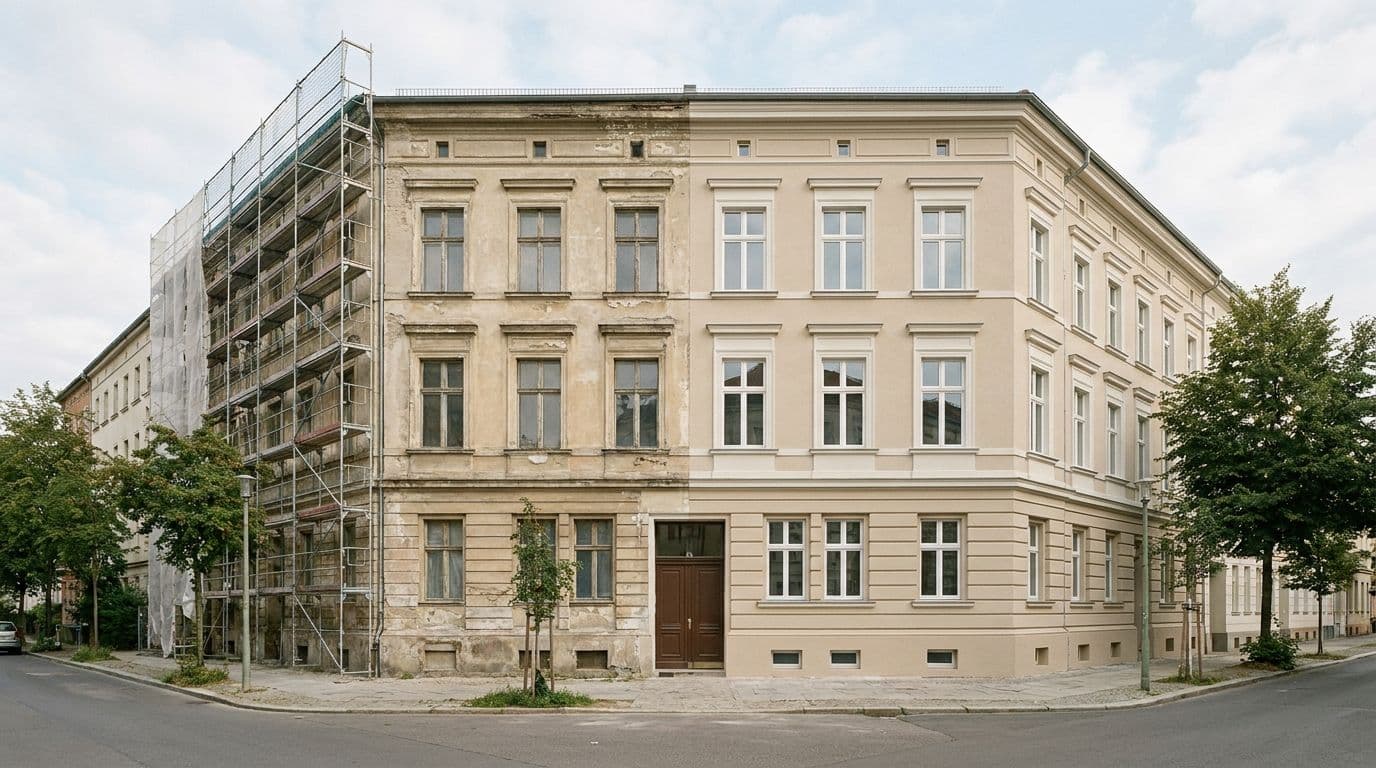 Berliner Gründerzeit-Altbau während der Sanierung: links die unsanierte Fassade mit Baugerüst, rechts die fertig sanierte Fassade
