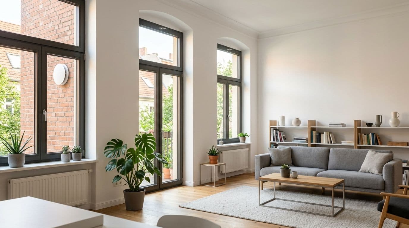 Dezentrale Lüftungsgeräte mit Außengitter an Berliner Altbaufassade im Innenhof
