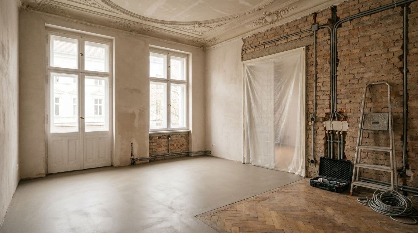 Berliner Altbauwohnung während der Komplettsanierung: entkernter Raum mit Stuckdecke, neu verlegten Leitungen und frischem Estrich