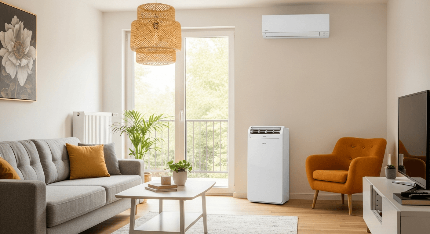 Techniker bei der Wartung einer Split-Klimaanlage in einer Berliner Wohnung