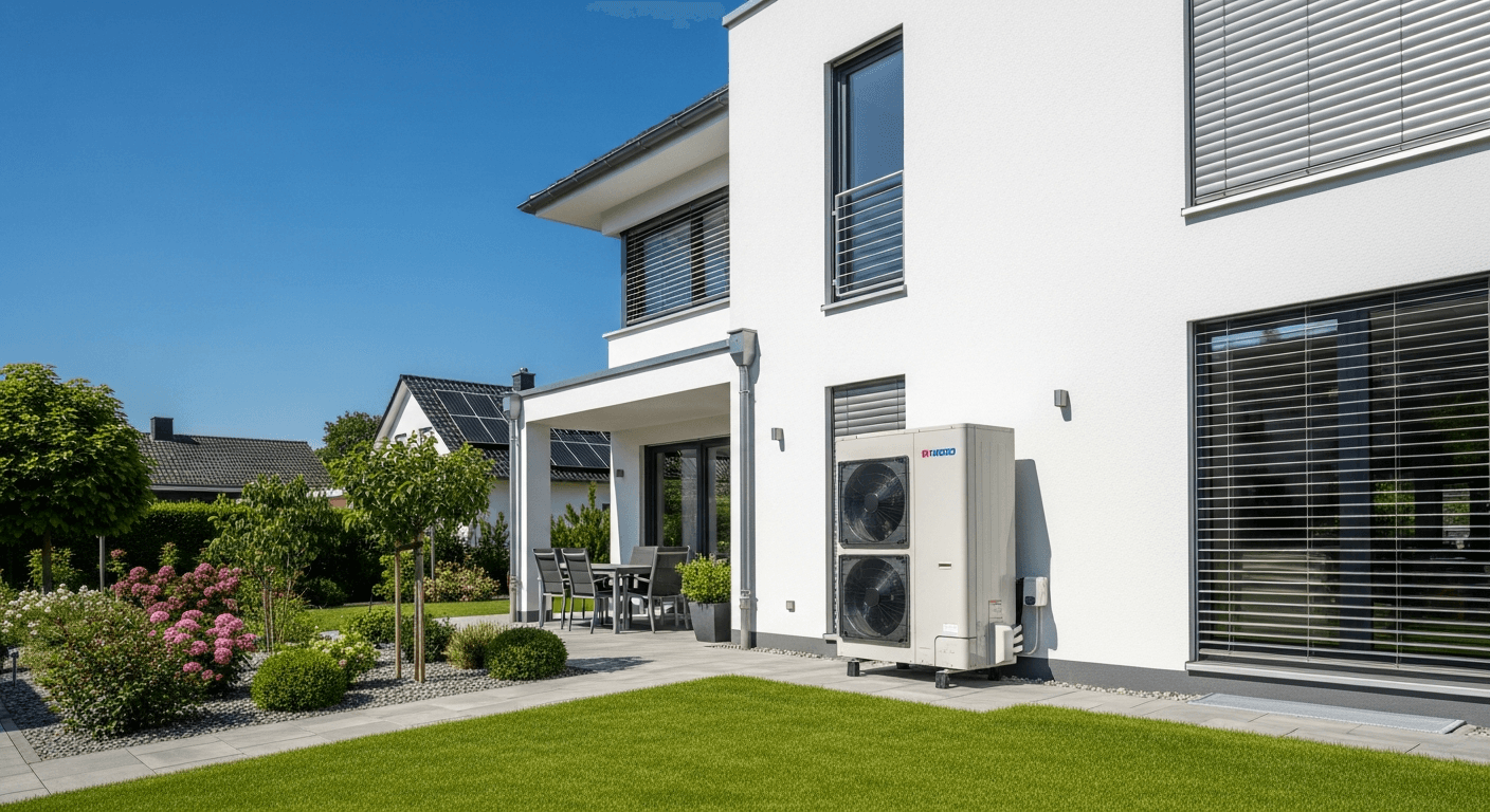 Moderne Wärmepumpe an einem Berliner Einfamilienhaus