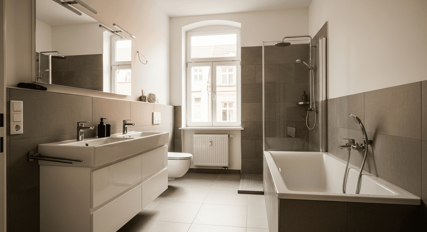 Saniertes Altbau-Badezimmer in Kreuzberg mit modernen Fliesen und bodengleicher Dusche