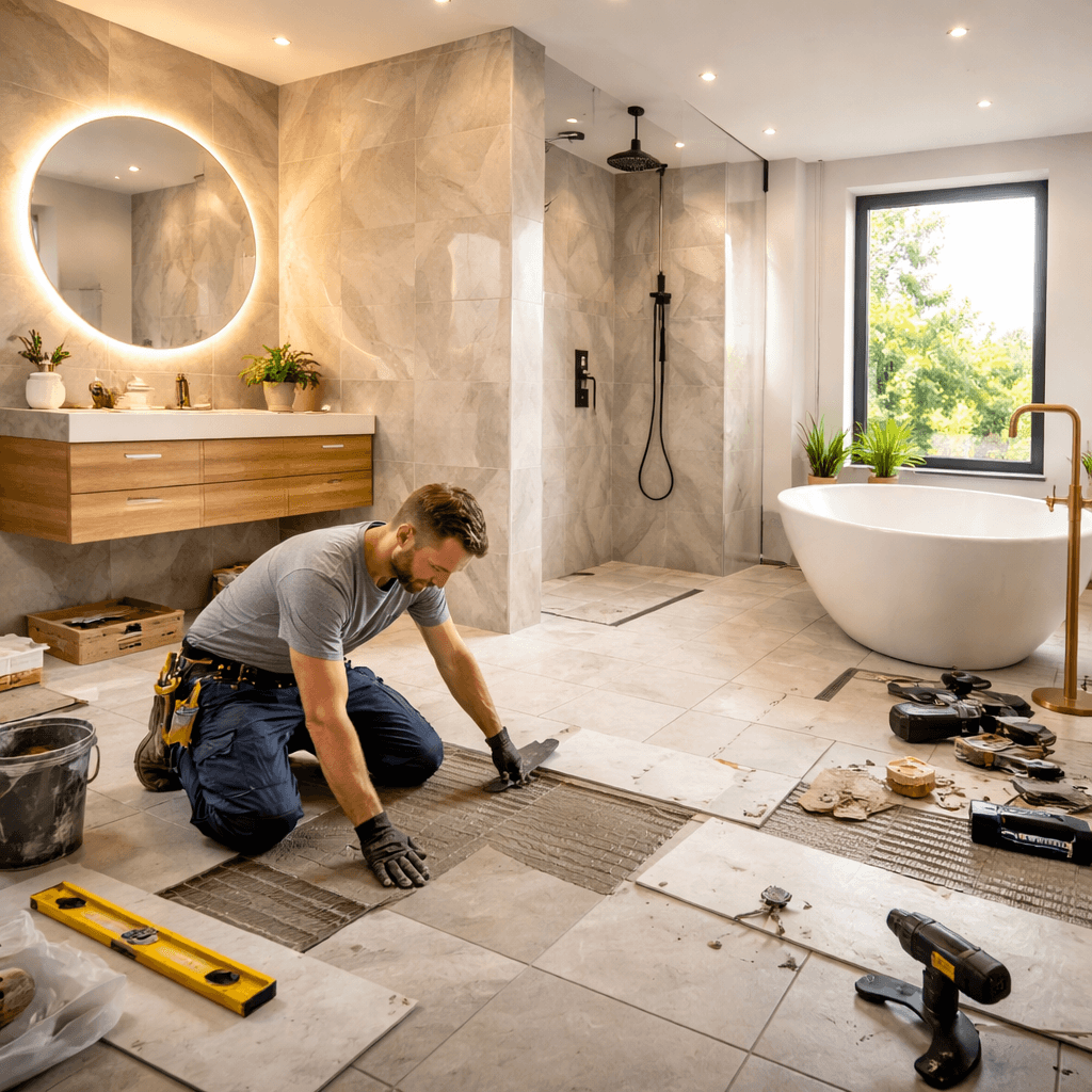 Modernes Badezimmer während der Renovierung – Handwerker verlegt Fliesen bei einer Badsanierung